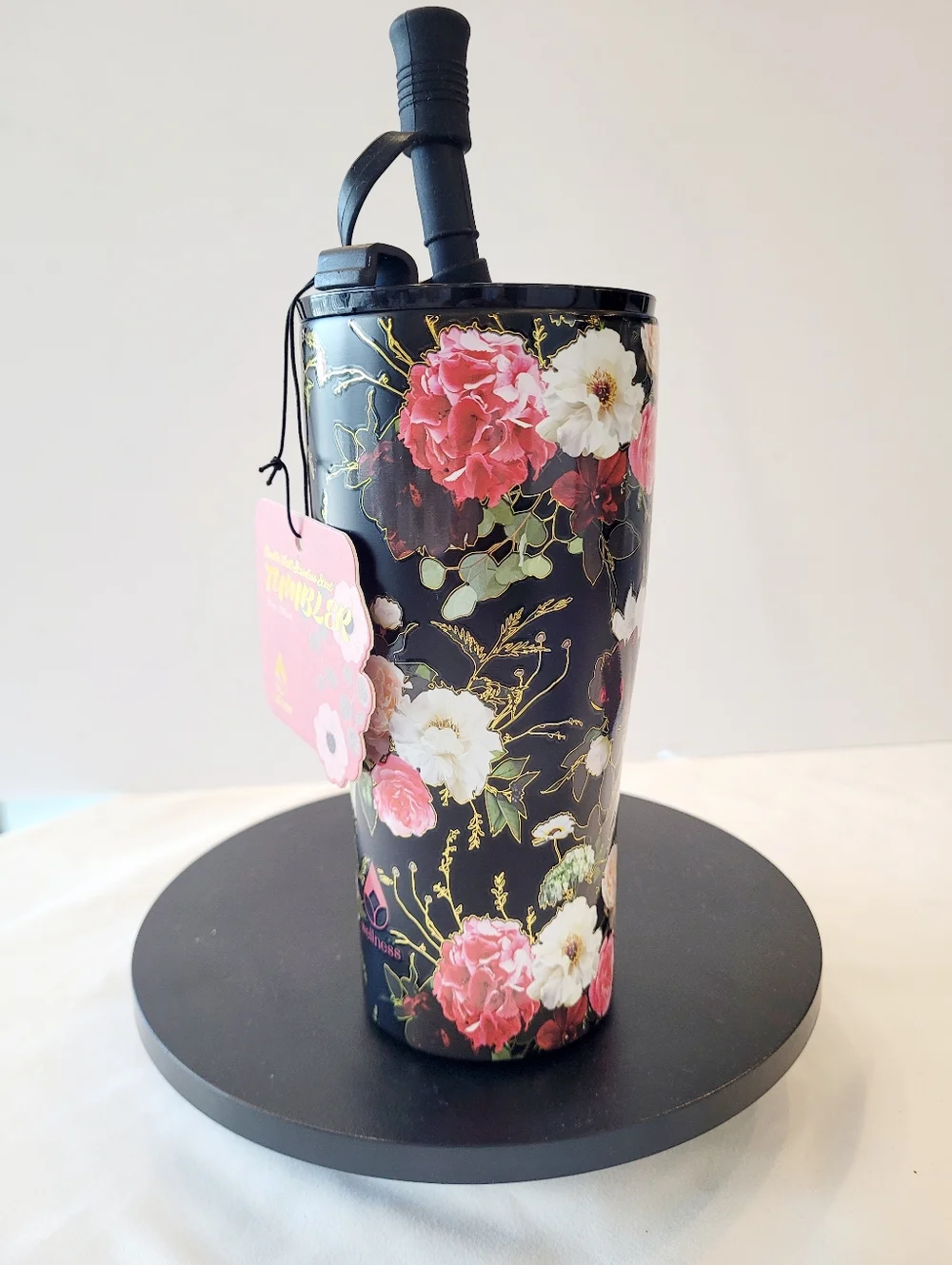 Floral Stainless Tumbler with Straw - Black/Pink Floral - Picture 4 of 6